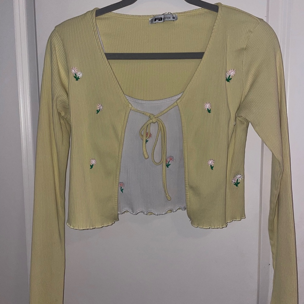 Floral Embroidered Yellow crop top set